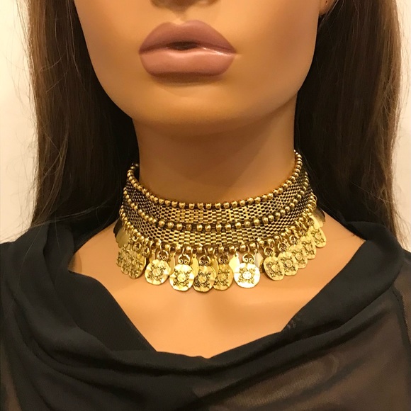 New- Lira Necklace, Coin Necklace, Gold Choker Necklace, Statement Necklace Gift - Picture 1 of 5